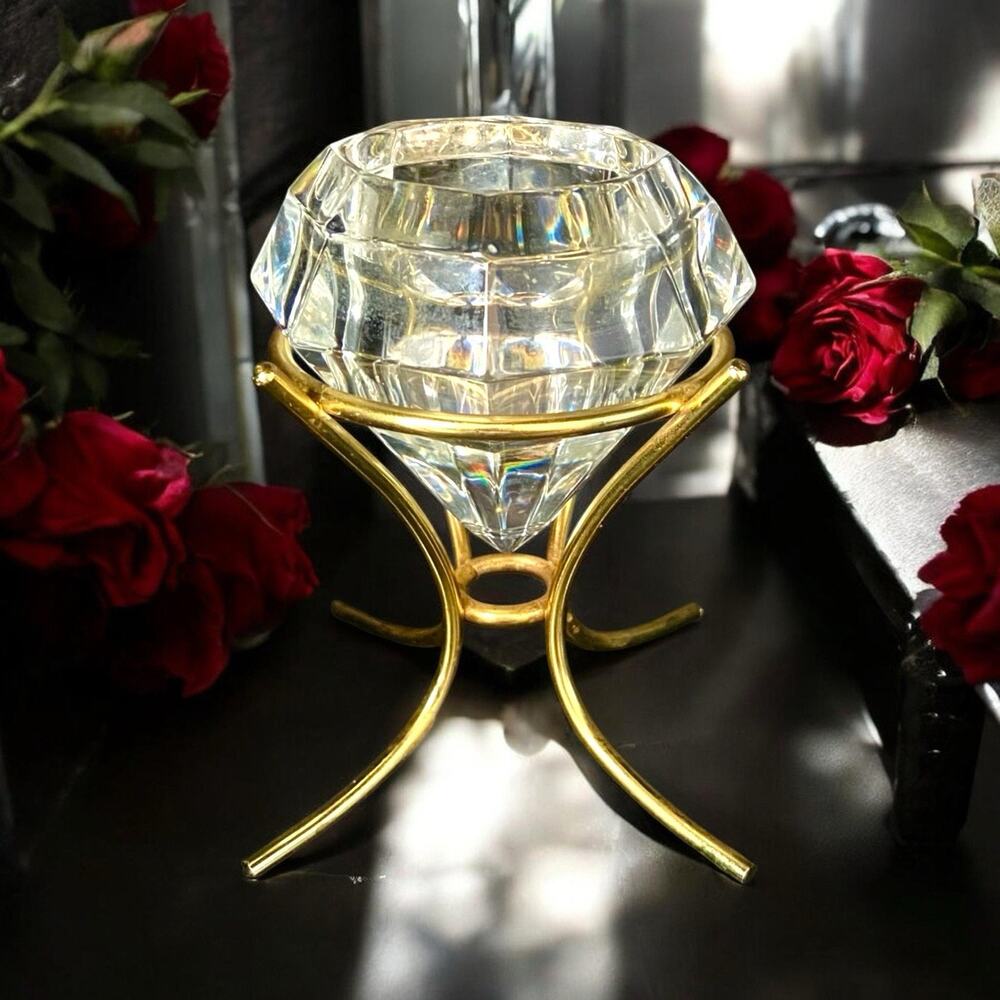 Candle Votive Holder, Faceted Diamond Cut Crystal with Brass Stand